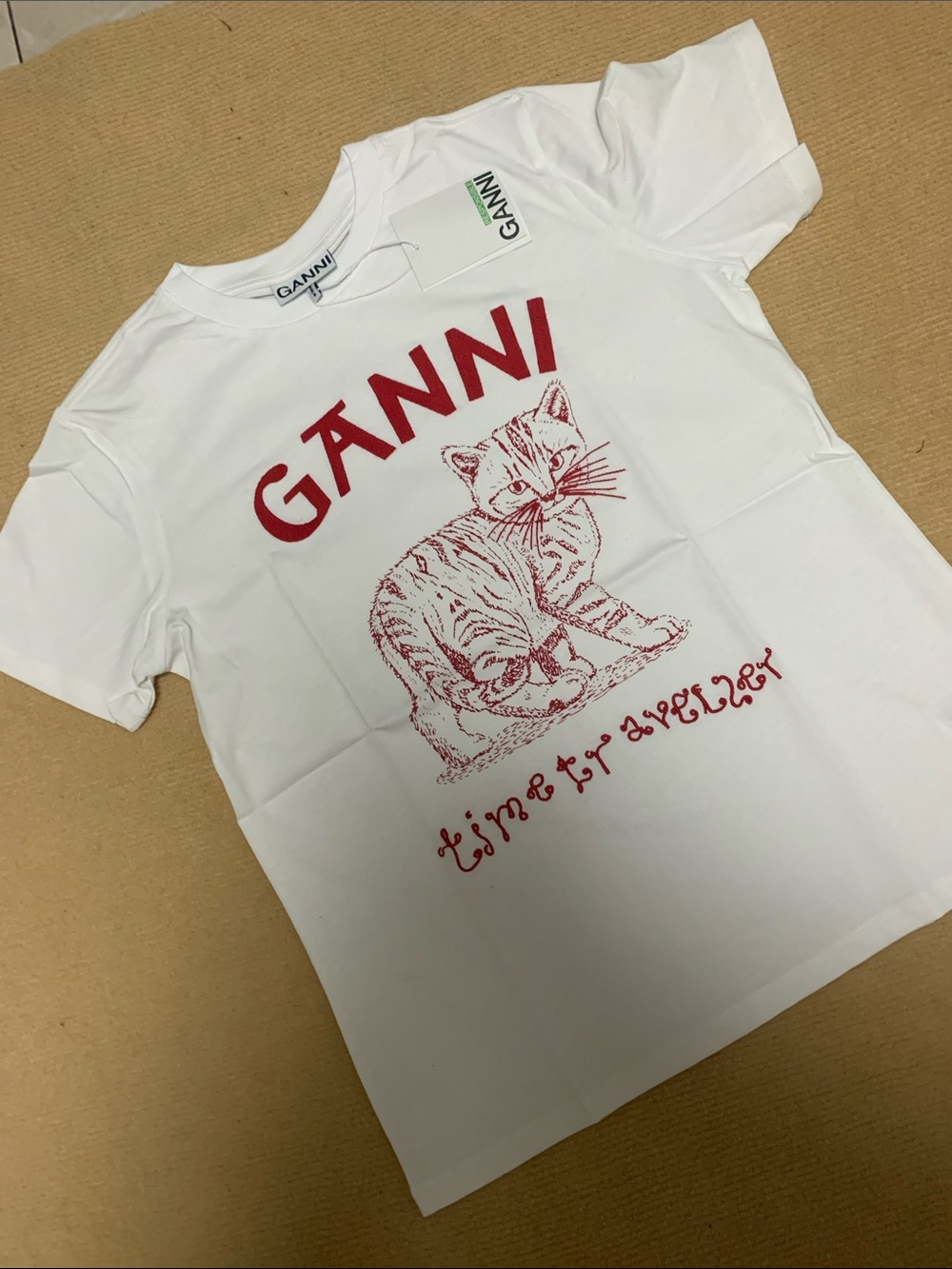 Ganni White Tee with Red Cat Graphic